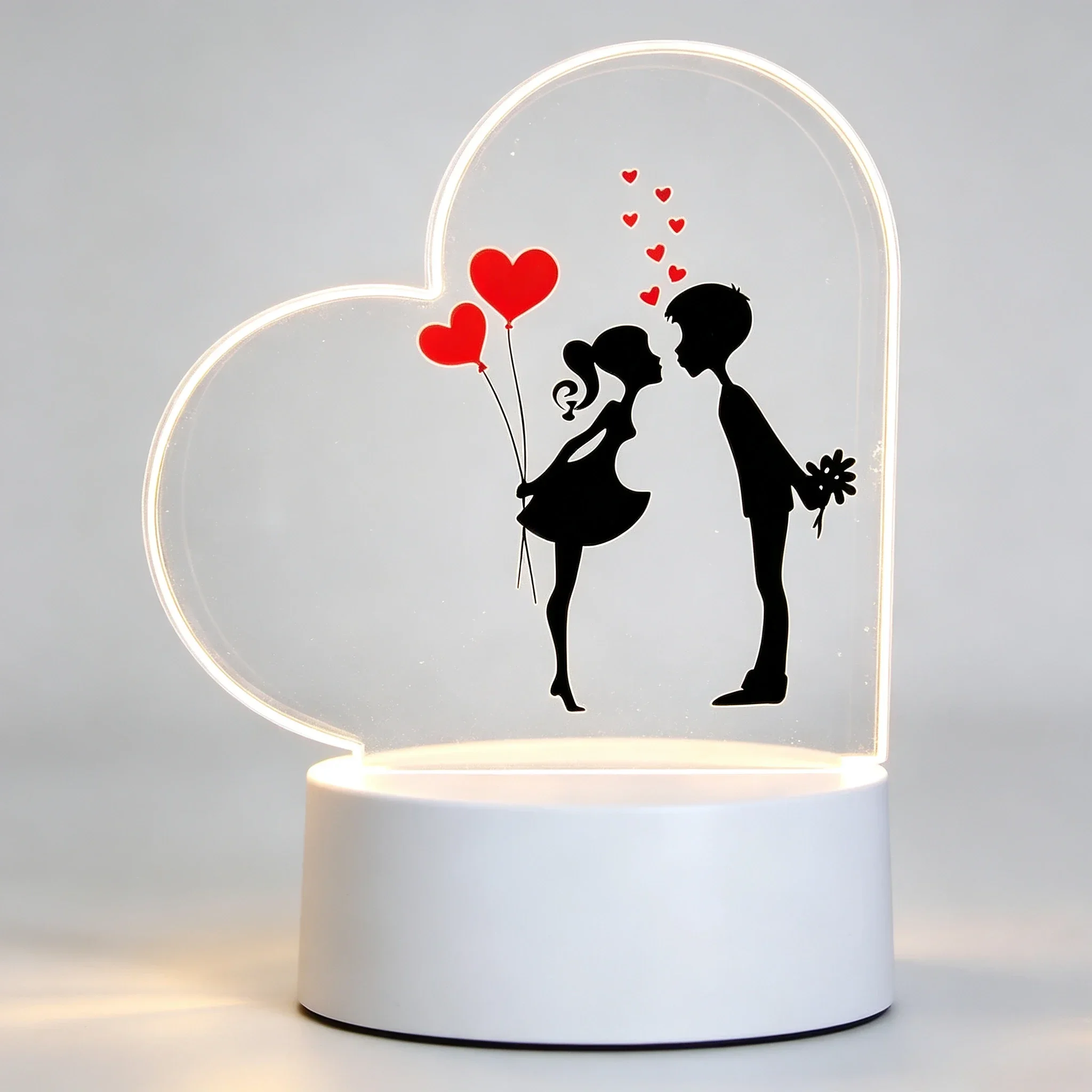 Led Balloon Light - โคมไฟอะคริลิค 3D รูปหัวใจ คู่รักกำลังจูบกันพร้อมลูกโป่งรูปหัวใจและดอกไม้ โคมไฟโรแมนติกแบบ USB